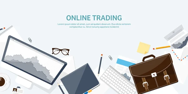 Vector illustration. Flat background. Market trade. Trading platform ,account. Moneymaking,business. Analysis. Investing. — Stock Vector