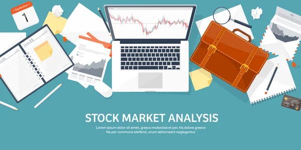 Vektorové ilustrace. Ploché pozadí. Obchod na trhu. Obchodní platforma, účet. Vydělávání peněz, podnikání. Analýza. Investování. — Stockový vektor