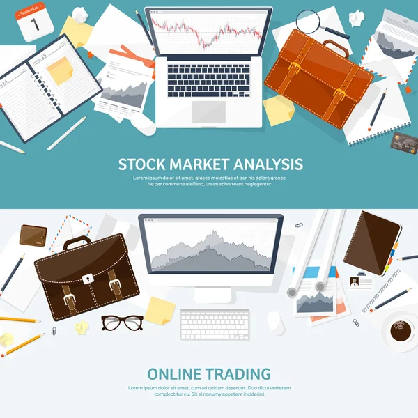Vektorillustration. flacher Hintergrund. Markthandel. Handelsplattform, Konto. Geldverdienen, Geschäft. Analyse. Investitionen. — Stockvektor