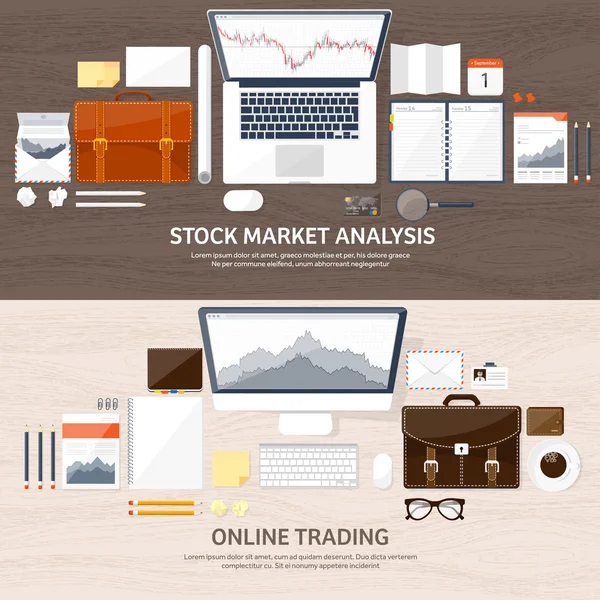 Vektorové ilustrace. Ploché pozadí. Obchod na trhu. Obchodní platforma, účet. Vydělávání peněz, podnikání. Analýza. Investování. — Stockový vektor