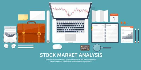 Vector illustration. Flat background. Market trade. Trading platform ,account. Moneymaking,business. Analysis. Investing. — Stock Vector