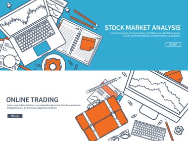 Vektör illüstrasyon. Düz arka plan. Piyasa ticareti. İşlem platformu , hesap. Para kazanmak, iş. Analysis. Investing.Line sanat. Kaplı.