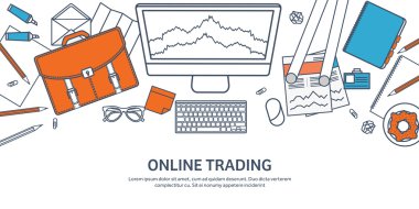 Vektör illüstrasyon. Düz arka plan. Piyasa ticareti. İşlem platformu , hesap. Para kazanmak, iş. Analysis. Investing.Line sanat. Kaplı.