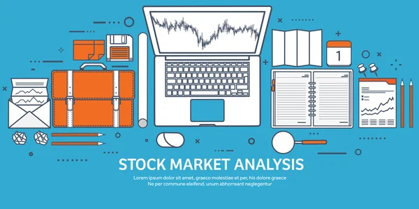 Vektoros illusztráció. Lapos háttér. Piaci kereskedelem. Kereskedési platform, számla. Moneymaking, üzleti. Elemzés. Befektetés. line cikk. Bélelt. — Stock Vector