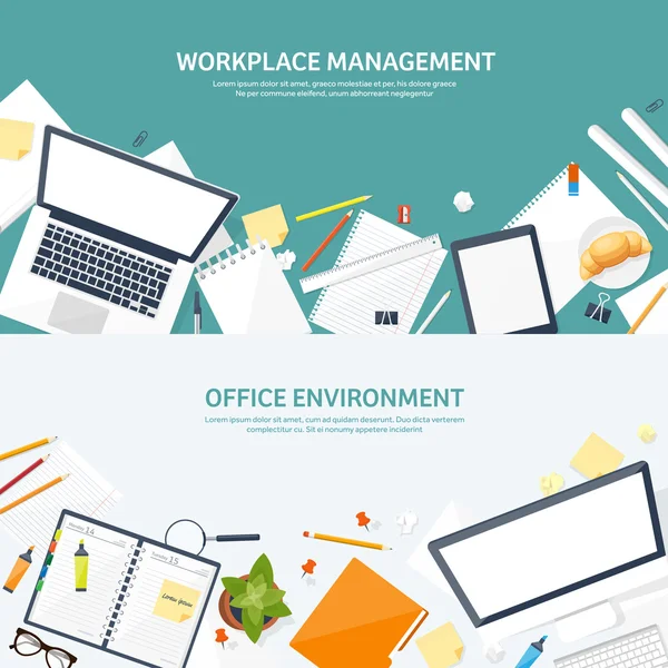 Lugar de trabajo con mesa y ordenador. Ordenador, documentos, papeles, bloc de notas, lápiz. Papeleo. Trabajo de oficina, trabajo. Gestión del espacio de trabajo. Diseño creativo . — Vector de stock