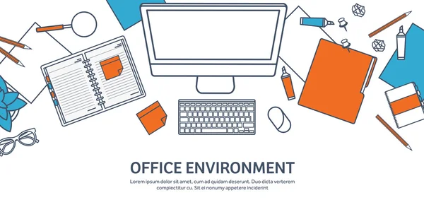 Workplace with table and computer. Computer,documents,papers,notepad,pencil. Paperwork. Office work,job. Workspace management. Creative design. — Stock Vector