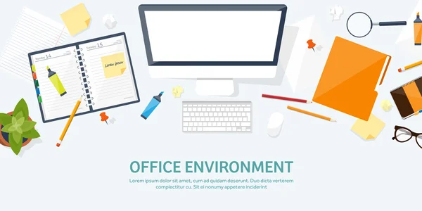 Workplace with table and computer. Computer,documents,papers,notepad,pencil. Paperwork. Office work,job. Workspace management. Creative design. — Stock Vector