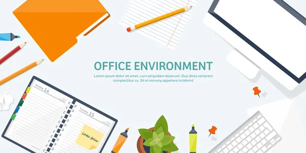 Workplace with table and computer. Computer,documents,papers,notepad,pencil. Paperwork. Office work,job. Workspace management. Creative design. — Stock Vector