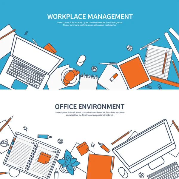 Lugar de trabajo con mesa y ordenador. Ordenador, documentos, papeles, bloc de notas, lápiz. Papeleo. Trabajo de oficina, trabajo. Gestión del espacio de trabajo. Diseño creativo . — Vector de stock