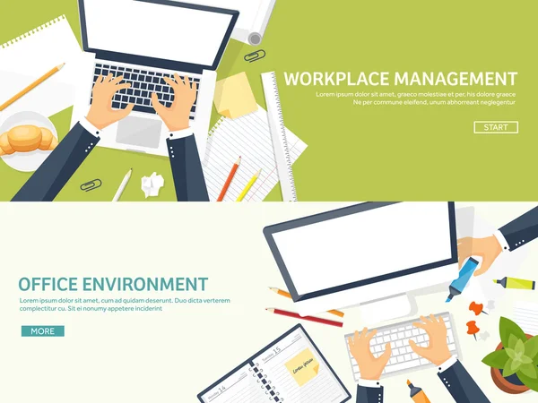 Lugar de trabajo con mesa y ordenador. Ordenador, documentos, papeles, bloc de notas, lápiz. Papeleo. Trabajo de oficina, trabajo. Gestión del espacio de trabajo. Diseño creativo . — Vector de stock