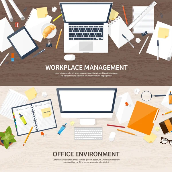 Arbetsplatsen med bord och dator. Datorn, dokument, dokument, anteckningar, penna. Pappersarbete. Kontorsarbete, jobb. Workspace management. Kreativ design. — Stock vektor
