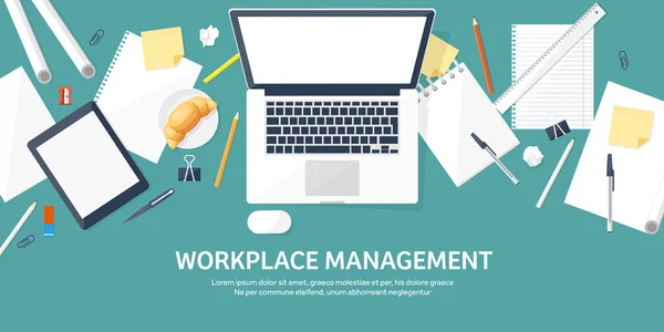 Workplace with table and computer. Computer,documents,papers,notepad,pencil. Paperwork. Office work,job. Workspace management. Creative design. — Stock Vector