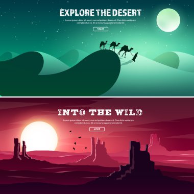 Çöl gezisi. Aşırı turizm ve seyahat. Doğaya geri. Sands.Exploring Afrika. Horizont hattı ile gökyüzü, yıldızlar. Mountaines, uçan kuşlar. Develer.