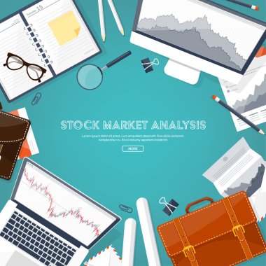 Vektör çizim. Düz arka plan. Piyasa ticaret. Ticaret platformu, hesap. Moneymaking, iş. Analiz. Yatırım.