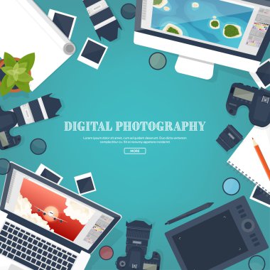 Fotoğrafçı ekipman üzerinde bir tablo. Fotoğraf araçları, fotoğraf düzenleme, beğenilen düz arka plan. Dijital photocamera lens ile. Vektör çizim.