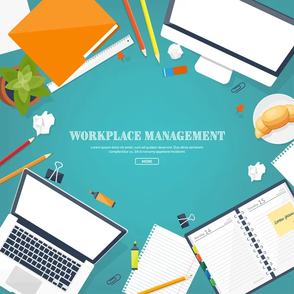Workplace with table and computer. Laptop,documents,papers,notepad,pencil. Paperwork. Office work,job. Workspace management. Creative design. — Stock Vector