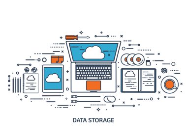 Vektör illüstrasyon. İşyeri, belgelerle dolu masa, bilgisayar. Düz bulut bilgi işlem arka planı. Medya, veri sunucusu. Web storage.Cd. Kağıt boş. Dijital teknolojiler. İnternet bağlantısı. Çizgi sanatı.