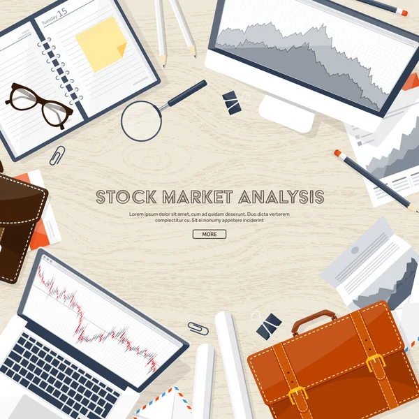 Vektorové ilustrace. Ploché pozadí. Obchod na trhu. Obchodní platforma, účet. Vydělávání peněz, podnikání. Analýza. Investování. — Stockový vektor