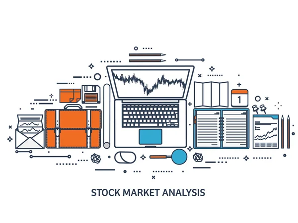 Vector illustration. Flat background. Market trade. Trading platform ,account. Moneymaking,business. Analysis. Investing.Line art. — Stock Vector