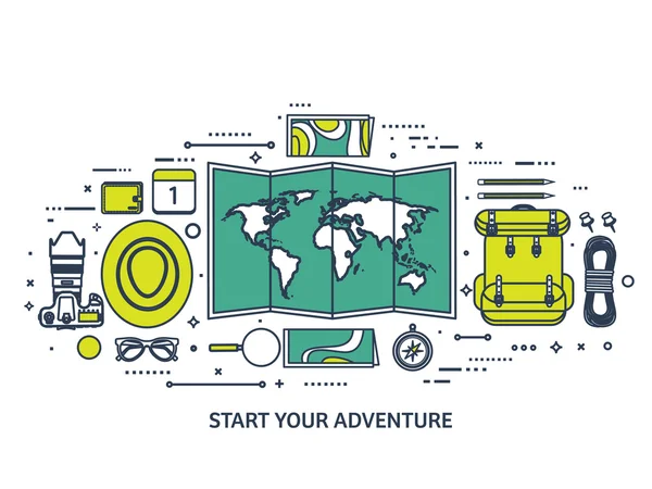 旅行和旅游业。平面样式。世界，地球的地图。全球范围。旅行，旅游，旅程，暑假。旅行，探索世界各地。冒险，远征。表、 工作场所。旅行者。导航或路线 — 图库矢量图片