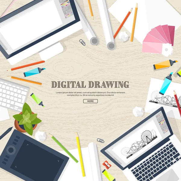 Progettazione grafica web. Disegno e pittura. Sviluppo. Illustrazione, schizzi, freelance. Interfaccia utente. Interfaccia utente. Computer, laptop . — Vettoriale Stock