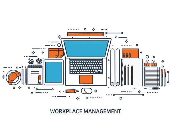 Werkplek met tafel en computer. Laptop, documenten, papers, Kladblok, potlood. Papierwerk. Kantoorwerk, baan. Beheer van de werkruimte. Creatief ontwerp. — Stockvector