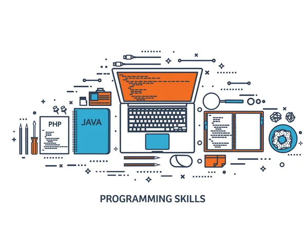 Programozás, kódolás. Lapos számítási háttér. Kód, hardver, szoftver. Webfejlesztés. Keresőmotor-optimalizálás. Innováció, technológiák. Mobilalkalmazás. vektoros illusztráció. SEO. line művészet. — Stock Vector