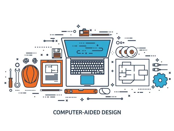 Ilustración vectorial. Ingeniería y arquitectura. Dibujo, construcción. Proyecto arquitectónico. Diseño, boceto. Espacio de trabajo con herramientas. Planificación, edificio.Line art . — Vector de stock