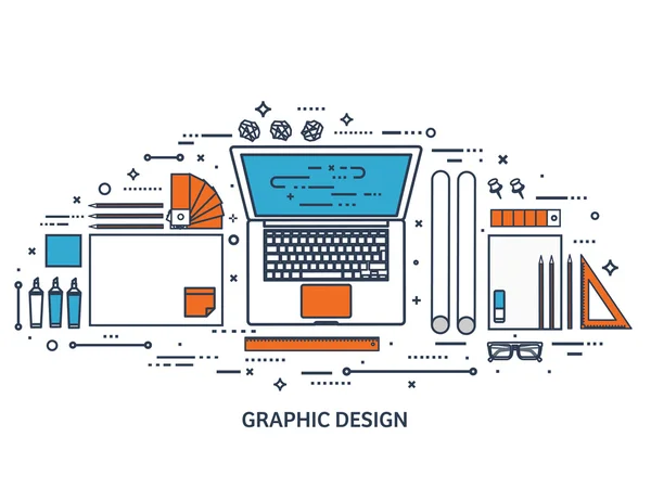 Diseño gráfico web. Dibujo y pintura. Desarrollo. Ilustración, boceto, freelance. Interfaz de usuario. Interfaz. Computadora, laptop.Line art . — Vector de stock