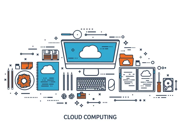 Illustrazione vettoriale. Posto di lavoro, tavolo con documenti, computer. Piatto sfondo cloud computing. Media, server dati. Archiviazione Web.CD Carta bianca. Tecnologie digitali. Connessione Internet.Line art . — Vettoriale Stock