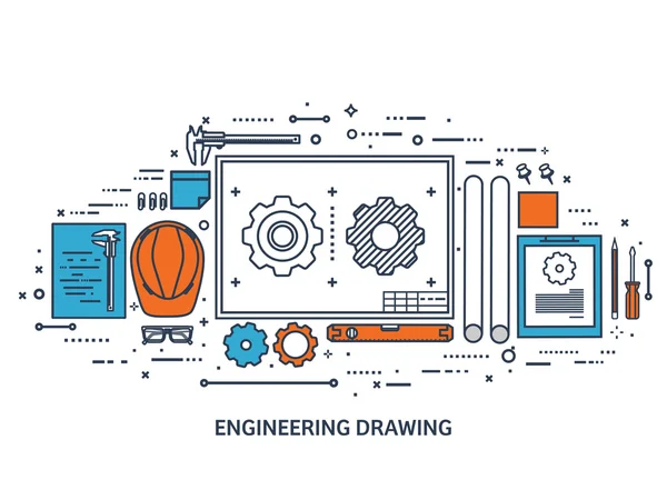 Ilustración vectorial. Ingeniería y arquitectura. Dibujo, construcción. Proyecto arquitectónico. Diseño, boceto. Espacio de trabajo con herramientas. Planificación, edificio.Line art . — Archivo Imágenes Vectoriales