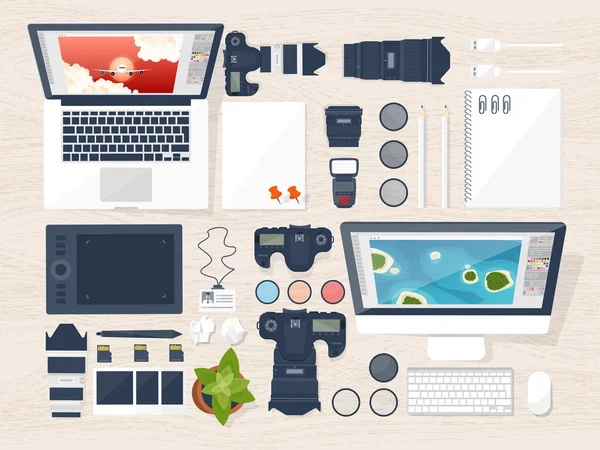 Photographer equipment on a table. Photography tools, photo editing, photoshooting flat background. Digital photocamera with lens. Vector illustration. — Stock Vector