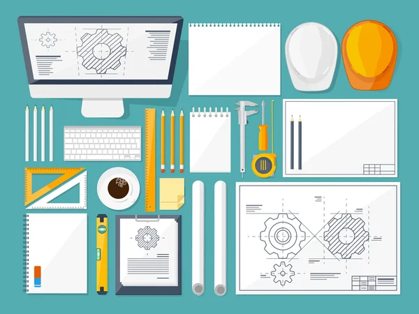 Ilustração vetorial. Engenharia e arquitetura. Desenho, construção. Projecto arquitectónico. Desenho, esboço. Espaço de trabalho com ferramentas. Planejamento, construção . — Vetor de Stock