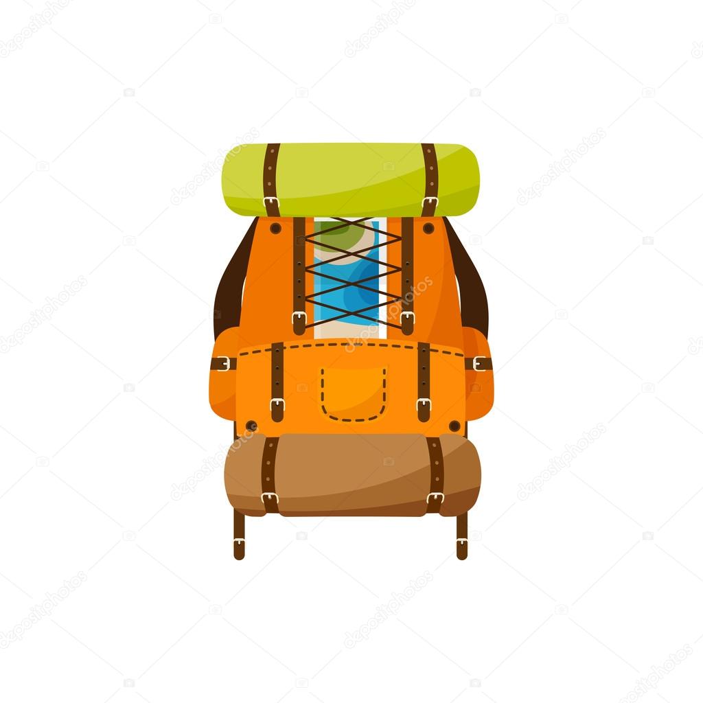 Backpack in a flat stzle. Vector illustration. School bag.Travel, camping or hiking. Tourism