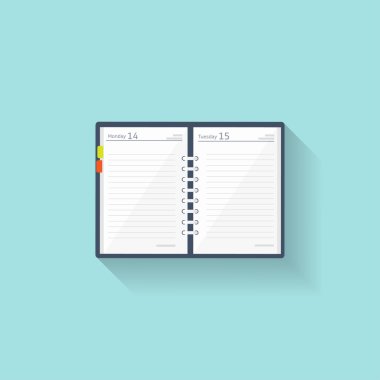 Dizüstü bilgisayarda düz bir stil. Uyarı mektubu, günlüğü. İş planlayıcısı. Kitapçık. Kağıt. Vektör çizim.