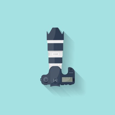 Fotoğraf. Lens ile düz bir tarzda Fotoğraf kamerası. Photoshooting.Fotoğraflama ekipmanları. Vektör çizimi.