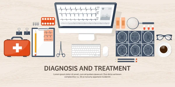 Medische platte achtergrond. Gezondheidszorg, EHBO, onderzoek, cardiologie. Geneeskunde, studie. Scheikundige technologie, apotheek. — Stockvector