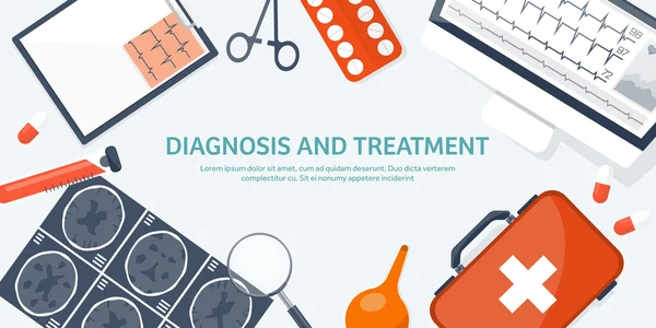 医疗平坦的背景。卫生保健、 急救、 研究、 心脏病。医学研究。化学工程制药. — 图库矢量图片