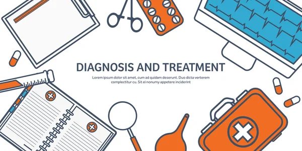 Linje konst. Medicinsk platt bakgrund. Hälsovård, första hjälpen, forskning, kardiologi. Medicin, studie. Kemiteknik, apotek. — Stock vektor