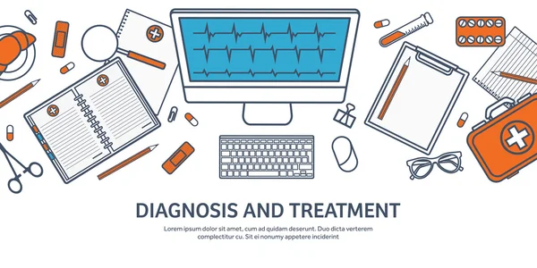 Linje konst. Medicinsk platt bakgrund. Hälsovård, första hjälpen, forskning, kardiologi. Medicin, studie. Kemiteknik, apotek. — Stock vektor