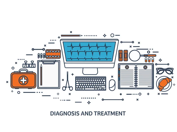 Línea art.Medical fondo plano. Atención médica, primeros auxilios, investigación, cardiología. Medicina, estudio. Ingeniería química, farmacia . — Archivo Imágenes Vectoriales