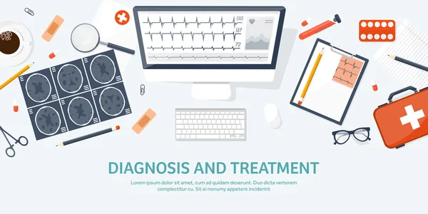 Medische platte achtergrond. Gezondheidszorg, EHBO, onderzoek, cardiologie. Geneeskunde, studie. Scheikundige technologie, apotheek. — Stockvector