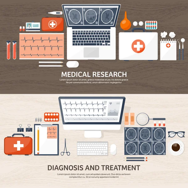 Lékařská ploché pozadí. Zdravotnictví, první pomoc, výzkum, kardiologie. Medicínu, studie. Chemické inženýrství, lékárna. — Stockový vektor