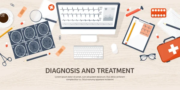 Fundo plano médico. Cuidados de saúde, primeiros socorros, pesquisa, cardiologia. Medicina, estudo. Engenharia química, farmácia . — Vetor de Stock