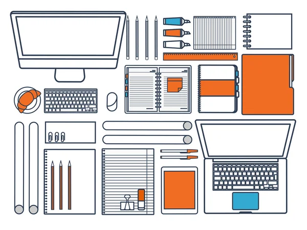 Local de trabalho com mesa e computador. Laptop, documentos, papéis, bloco de notas, lápis. Papelada. Trabalho de escritório, trabalho. Gestão do espaço de trabalho. Desenho criativo.Arte de linha — Vetor de Stock