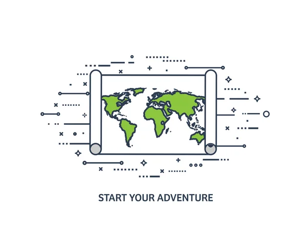 Mapa del mundo en un estilo plano. Tierra, globo. Navegación. Ruta y destino. Icon.Line art. Forrado . — Archivo Imágenes Vectoriales