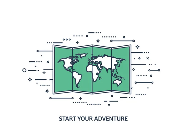 Mapa del mundo en un estilo plano. Tierra, globo. Navegación. Ruta y destino. Icon.Line art. Forrado . — Archivo Imágenes Vectoriales