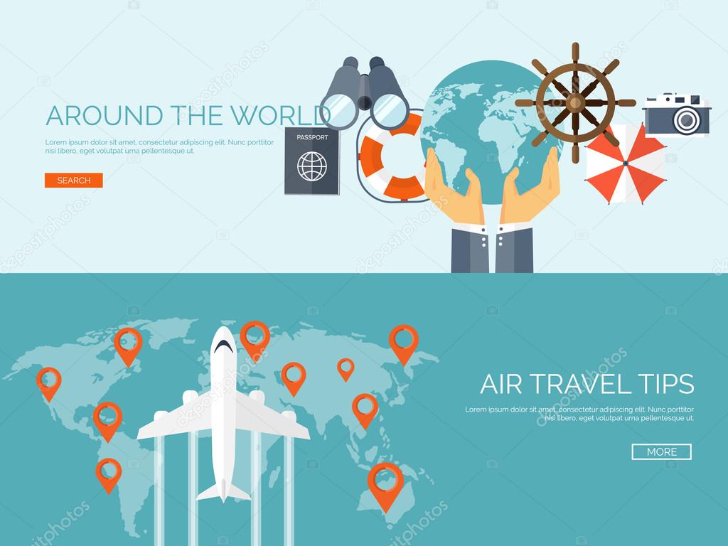 Flat travel background. Summer holidays, vacation. Plane, boat, car traveling. Tourism, trip, journey.