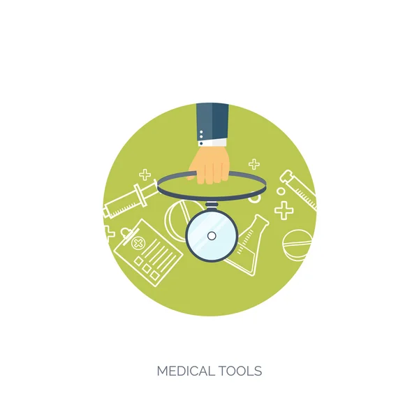 Ilustración vectorial. Fondo médico plano. Atención médica, primeros auxilios, investigación, cardiología. Medicina, estudio. Ingeniería química, farmacia . — Archivo Imágenes Vectoriales