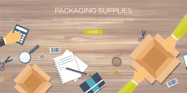 Düz vektör çizim arka planlar ayarlayın. Uluslararası teslimat, dünya çapında posta. E-posta, online alışveriş. Zarf, paket.